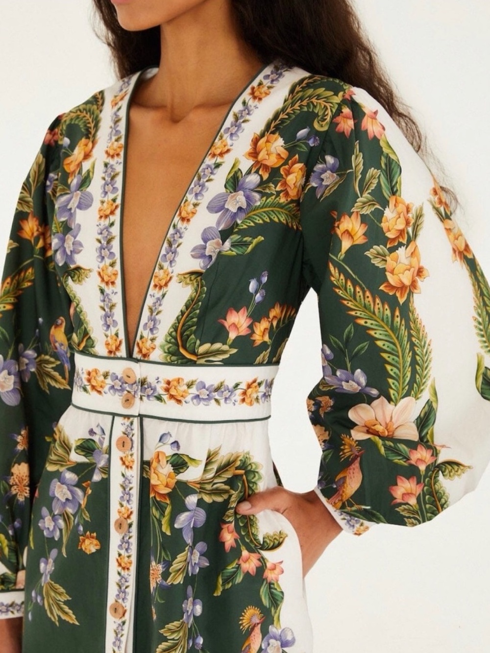 FARM Rio Green Floral V-Neck Maxi Dress with Puff Sleeves - Picture 2 of 5